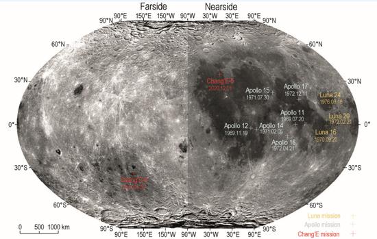 △嫦娥六号、嫦娥五号、美国Apollo计划及苏联Luna计划落点示意图